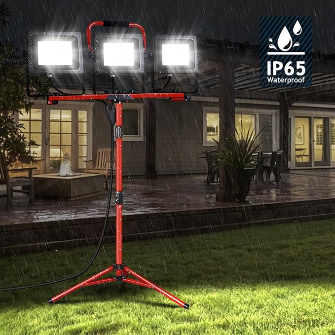 Juyace 14000Lm LED Work Light with Stand 150W 5000K Dual Head Lamp with Independent Switch Portable Construction Flood Outdoor IP65 Waterproof for Garage Workshop Backyard