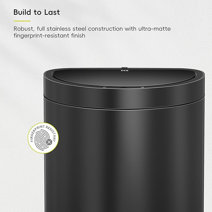 EKO Mirage Semi-Round 47L / 12.4 Gal Motion Sensor Trash Can, Automatic Kitchen Trash Bin with Deodorizer Compartment, Removable Lid & Inner Bucket, Stainless Steel Garbage Can, Matte Black