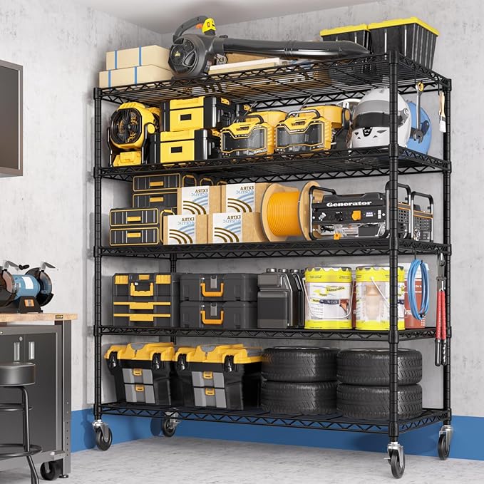 PrimeZone 48" W x 24" D x 81" H Heavy Duty Wire Storage Shelves with Wheels, 5 Tier Adjustable NSF Certified Garage Shelving Unit, Rolling Metal Organizer Shelf Utility Rack for Warehouse, Pantry