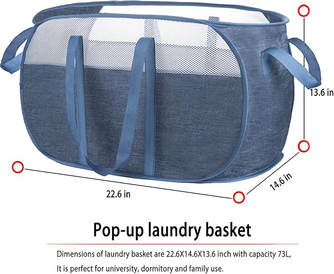 Pop-Up Laundry Basket，collapsible Mesh Laundry Hamper– With Extended Shoulder Straps, Sturdy Handles, and Premium Cationic Fabric (blue)…
