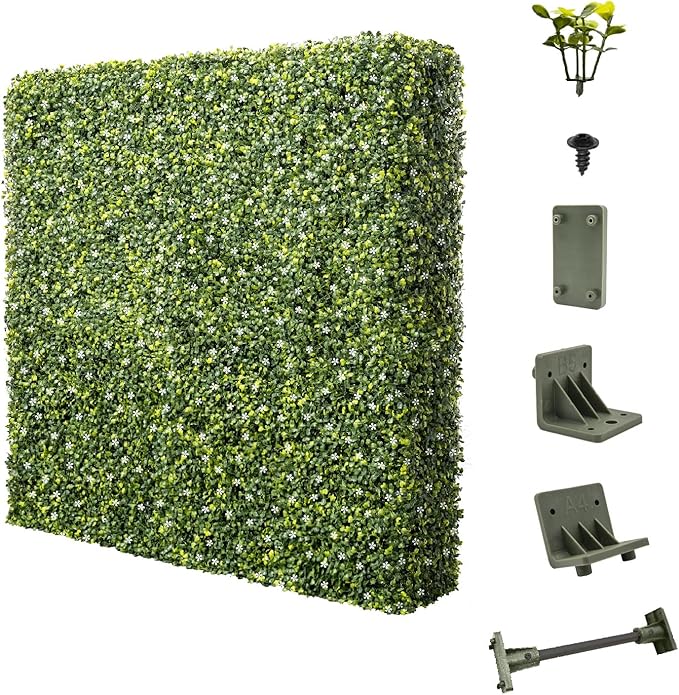E&K 72" Wx72 Hx6 D Artificial Boxwood Hedge Wall with White Flowers, Artificial Outdoor Privacy Wall for Balcony Backyard Office, Indoor Divider Freestanding Greenery Backdrop