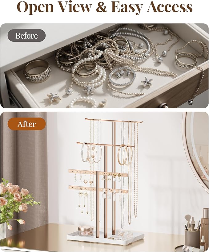 pickpiff Rose Gold Jewelry Stand Holder Organizer: 14.5" Sturdy Hanger for 80 Pcs Jewelry, Jewlery Tower for Display Necklace, Earring, Bracelet, Watch