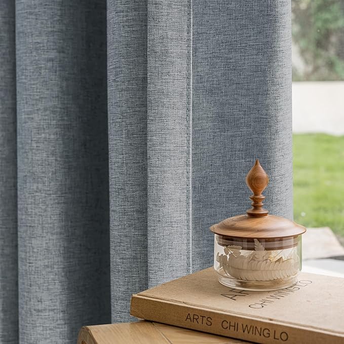 Textured Linen Double Pleated 100% Blackout Curtains for Bedroom/Living Room Blackout Curtains 96 Inches Long, Energy Saving Window Treatment Curtains,100Wx96Lx2,Grey Blue