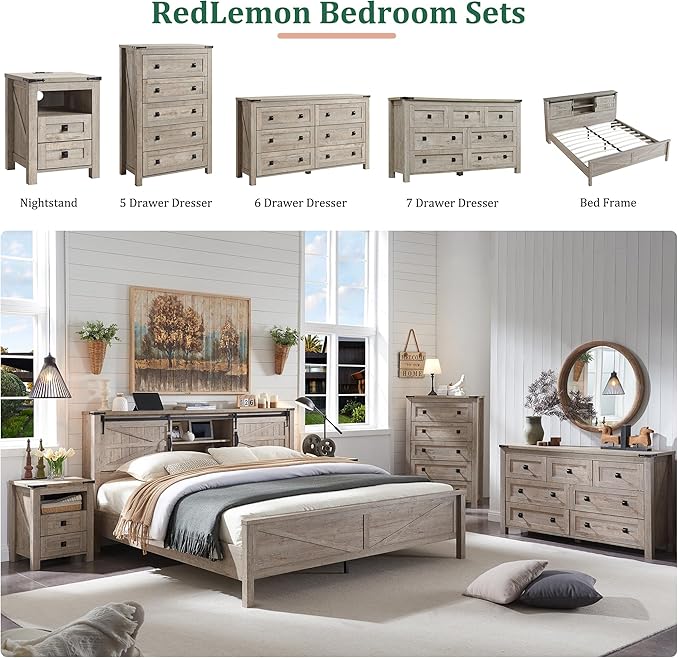 RedLemon Farmhouse 5 Drawer Dresser, 48" Tall Rustic Chest of Drawers, Wood Dresser for Bedroom, Living Room, Hallway, Light Rustic Oak