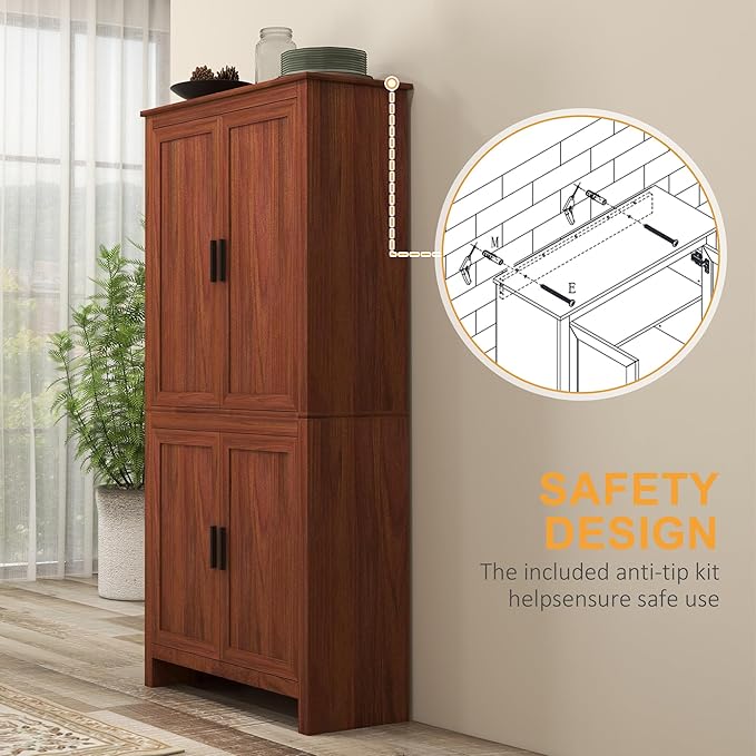 HOMCOM 64" Kitchen Pantry Cabinet, Freestanding Storage Cabinet with 4 Doors and 3 Adjustable Shelves for Dining Room, Brown