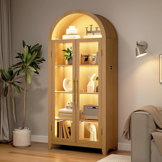 Vlsrka 71" Arched Display Cabinet with Glass Doors, Curio Cabinet with LED Light & Human Sensor, 5-Tier Display Cases for Collectibles, Storage Cabinet with Ajustable Shelf for Living Room(Wood)