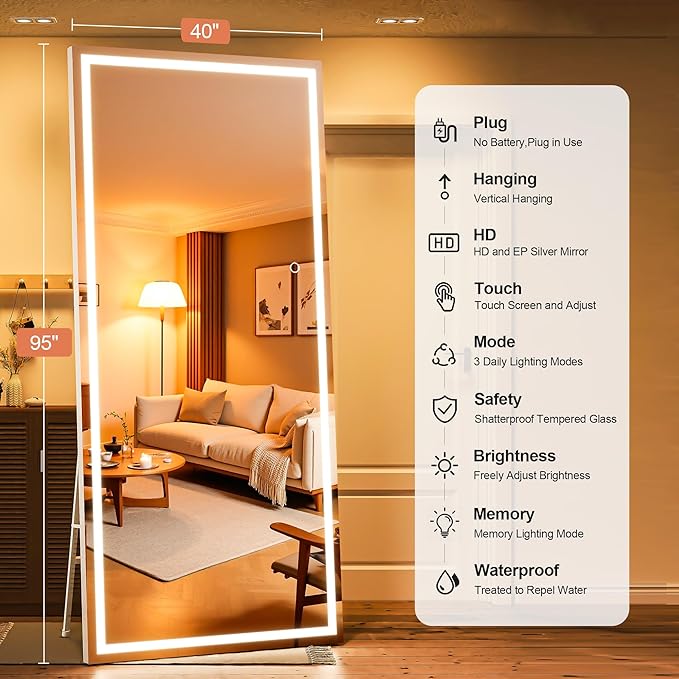 Full Length Mirror with Lights, 95" x 40" Large LED Lighted Floor Standing Body Mirror, Dimmable & 3 Color Lighting for Home Gym, Cloakroom, Living Room, Tempered Glass, Square White