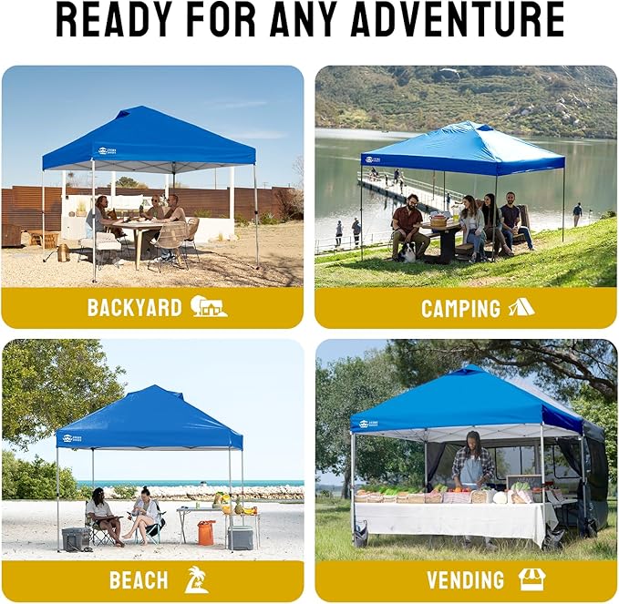 CROWN SHADES 10x10 Pop Up Canopy - Beach Tent with One Push Setup - Easy Outdoor Sun Shade for Events, Parties, Camping - Gazebo with STO-N-Go Cover Bag, Silver Coated Top, Blue