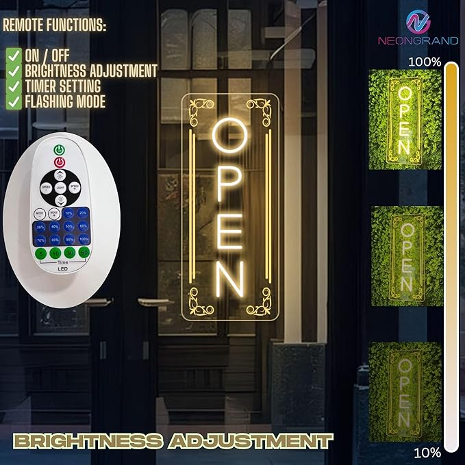 Vertical LED Open Signs for business – Super Bright - UV Printing Pattern, Remote Included - Large Size 10x24'' - Neon Open Sign for Café, Bar, Shop & Business Sign - Warm White