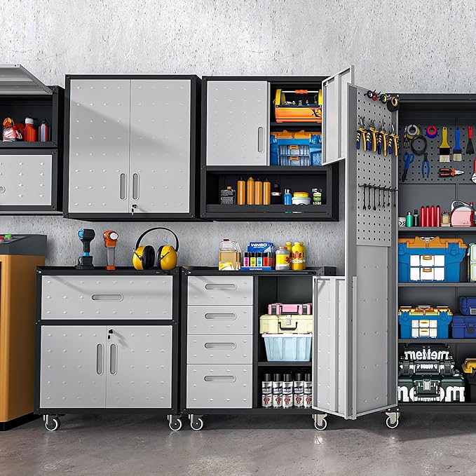 Metal Garage Storage Cabinet on Wheels, Lockable Rolling Tool Cabinet with Drawer and Shelves, Heavy Duty Mobile Steel Cabinet for Garage Warehouse Workshop