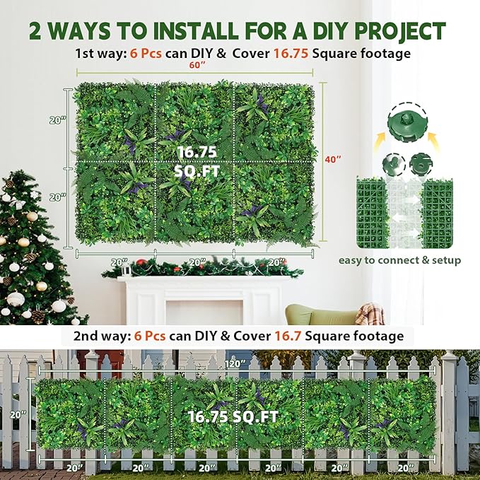 Artificial Boxwood Panel 20"x20" 6 Pieces, Green Grass Wall Backdrop for Fence Patio Backrop Balcony, Faux Ivy Privacy Fence Screen, 5 PCS Vines, 60 PCS Violet Flower, 2 PCS Light Strip