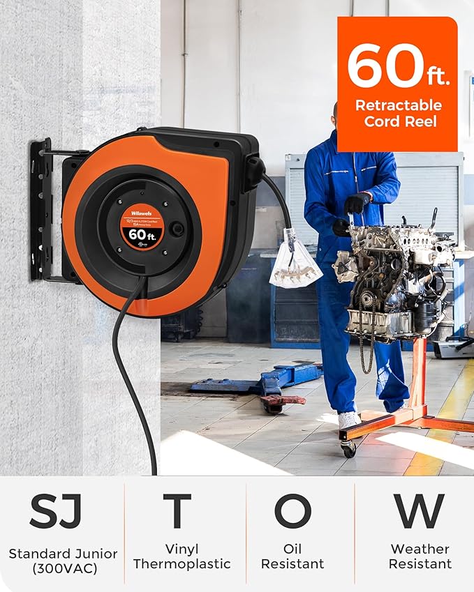 Retractable Cord Reel, 60 FT Heavy Duty Extension Cord, 12AWG/3C SJTOW, 3 Grounded Outlets Lighted Triple Tap, 15A Circuit Breaker, Wall/Ceiling Mounted, UL Listed, Orange B60CR06