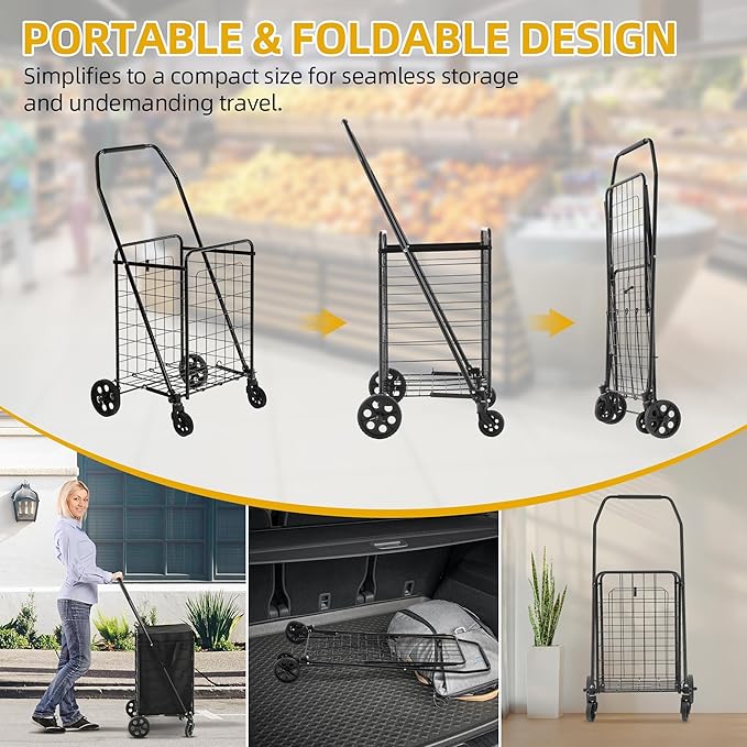 DWVO Folding Shopping Cart with Waterproof Liner, Collapsible Utility Cart with Wheels for Seniors, Portable Grocery Cart for Shopping, Laundry, Storage, and Camping