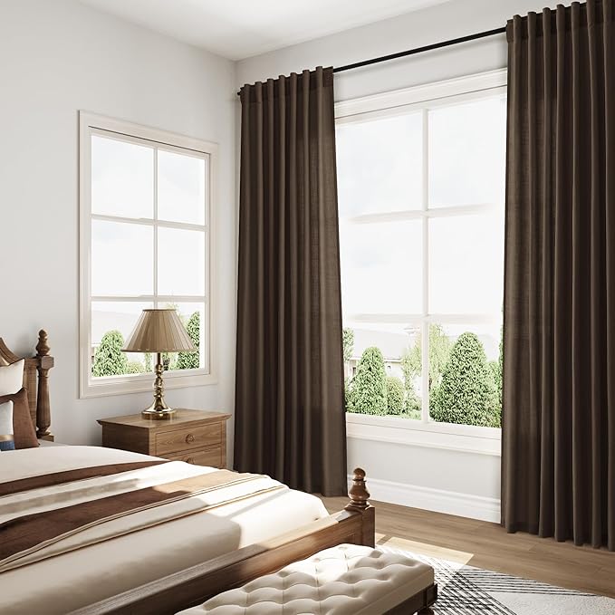 Nanspring Chocolate Linen Blend Light Filtering Back Tab Curtains 102 Inches Long, Semi Sheer Privacy Drapes for Living Room & Bedroom, 52x102 inch, 2 Panels