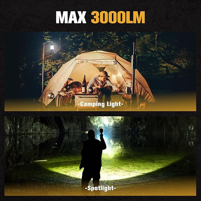 FORTO Rechargeable Spotlight, IPX8 Waterproof 40 ft Depth, 420m Beam Distance, 3000 Lumens and 45000 Candela Spot Light, Foldable Hook, for Hiking, Emergency, Camping, Hunting (Green-Base)