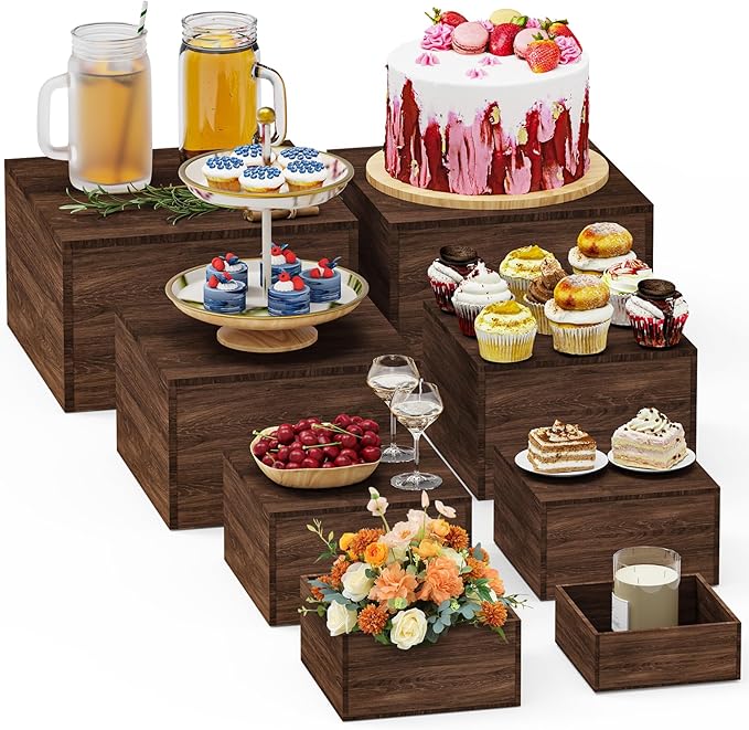 8 PCS Wooden Buffet Risers, Rustic Wood Cake Cupcake Stands, Square Food Risers for Buffet Table, Catering Dessert Table Display Set, Stackable Wooden Crates for Party, Decor, Wedding, Birthday