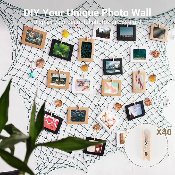 80x40 Inch Decorative Fishing Net w/Shells & Clips, 3mm Thickness Aqua Natural Cotton Large Photo Hanging Fishnet, Wall Party Decorations for Nautical Pirate Hawaii Underwater Mermaid Themed Party