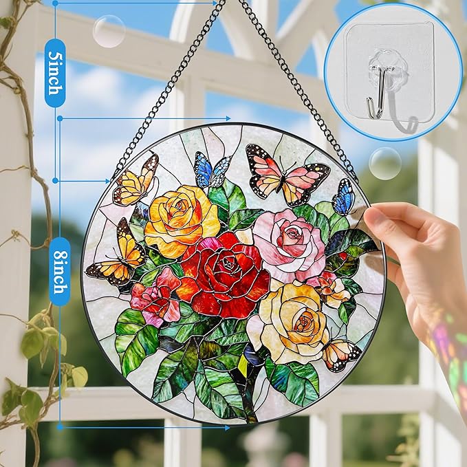 Butterfly & Rose Ornament: Stained Glass Suncatcher, Suncatcher for Window Decor, Stained Glass Window Hanging, Christmas Ornament, Gifts for Nature Lover, Women, Christmas, Mother's Day, Birthdays