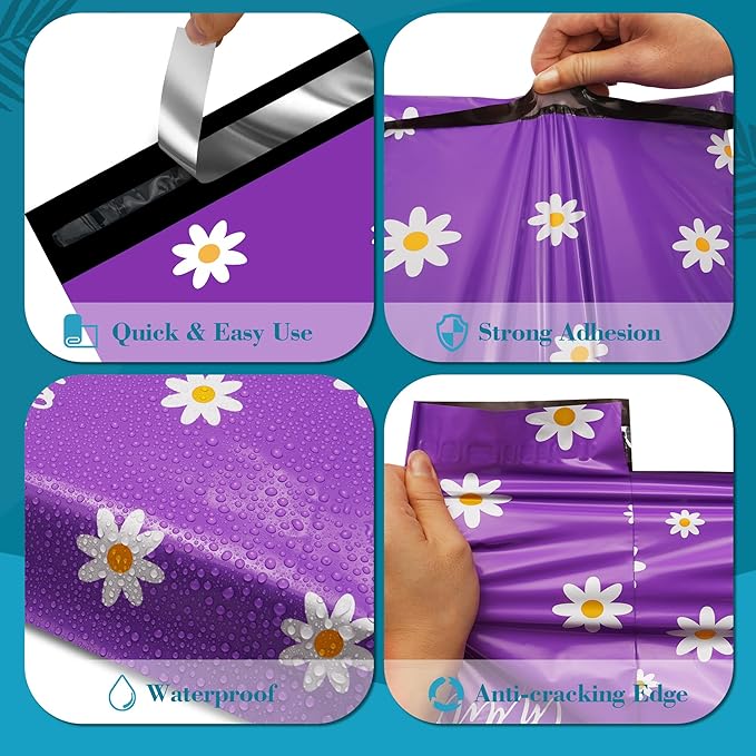 JinRuiKJ Poly Mailers with Handle 10x13 Inch 25 Pcs, Easy to Carry Packaging Bags for Small Business, Thank You Shipping Bags with Self Adhesive Strip, Tearproof and Waterproof - Purple Chrysanthemum