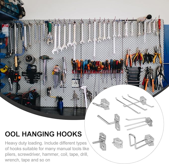 Garneck 7Pcs Tool Storage Hook Set for Pegboard Heavy Duty Silver Wrench Coil Tape Screwdriver Hangers Space-Saving Utility Tool Organizers for Garage Workshop Home Use