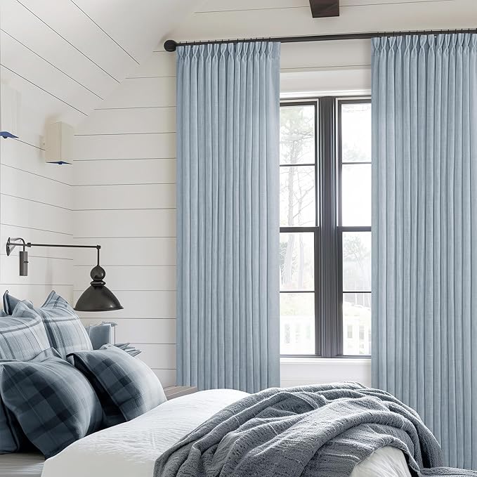 Dusty Blue Pinch Pleated Linen Curtains 84 Inches Long 2 Panels Set for Living Room Dining Pinch Pleat Back Tab Light Filtering Boho Coastal Window Curtain Drapes 84 Inch Length Light Sky Blue