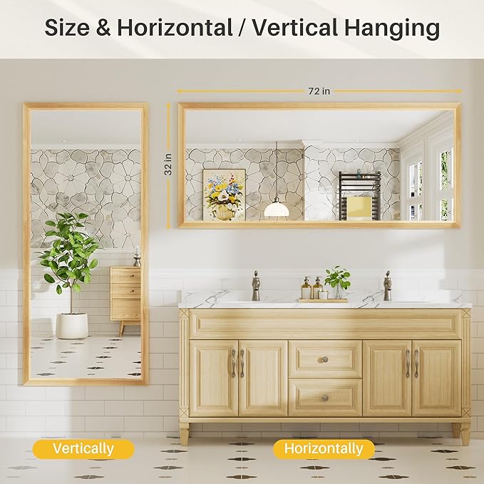 72x32 Inch Bathroom Mirror for Wall, Anti-Rust Oak Wood Grain Metal Framed Bathroom Mirrors for Over Sink,Rectangler Mirrors for Bathroom Vanity, Farmhouse, Bedroom, Living Room, Entryway Decor