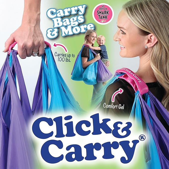 Click & Carry Kitchen Storage & Organization - Plastic Bag Organizer and Holder for Easy Shopping - Shark Tank - Gel Padding Bags Handle, Hands-Free Design for Groceries, Paint Can Carrier, 2 Pack