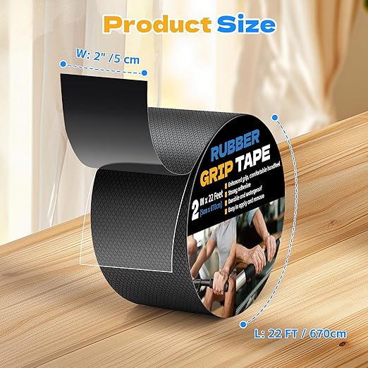 Rubber Grip Tape, 2 in x 22 Ft Black Ultra-Thin Strong Adhesive Non-Slip Tape, Anti-Slip Grip Tape for Handles, Waterproof Heat Resistant Cushion Grip, Comfortable in Hands