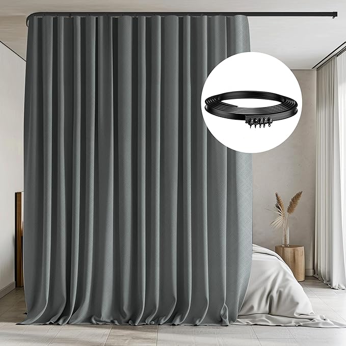 Room Divider Curtains with Flexible Ceiling Tracks Set,Blackout Curtain Ceiling Mount Curtain Track Privacy Room Dividers Ceiling Track Curtain Rod(Dark Grey Drape & Black rail W 8.3 × H 9 FT)