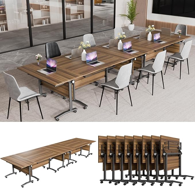 Conference Table, Modern Folding Meeting Tables with Flip Top, Mobile Podcast Table with Four Locking Wheels, Large Training Table for Meeting Room, Office, Classroom (8, A, 61in)