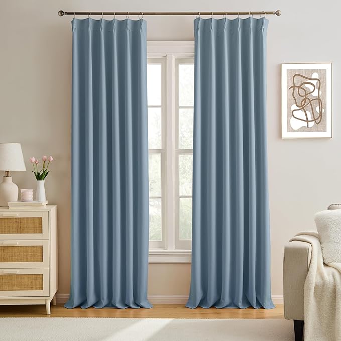 KEQIAOSUOCAI Dusty/Stone/Slate Blue Pleated Blackout Curtains 84 Inch Drop 2 Panels, Heat and Full Light Blocking Thermal Insulated Drapes for Bedroom Pinch Pleat with Hooks,40" W x 84" L
