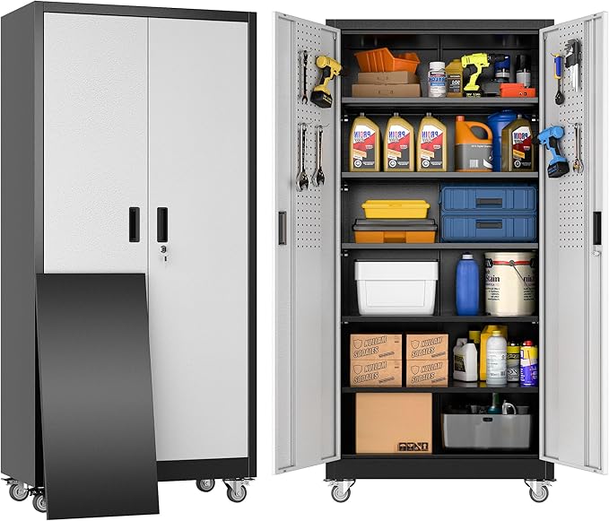 Garage Storage Cabinet with Wheels & Pegboard, Lockable Metal Storage Cabinet with Doors and 5 Adjustable Shelves for Garage Workshop Home, Assembly Required, Black and Silvery, 71" H×34" W×18" D