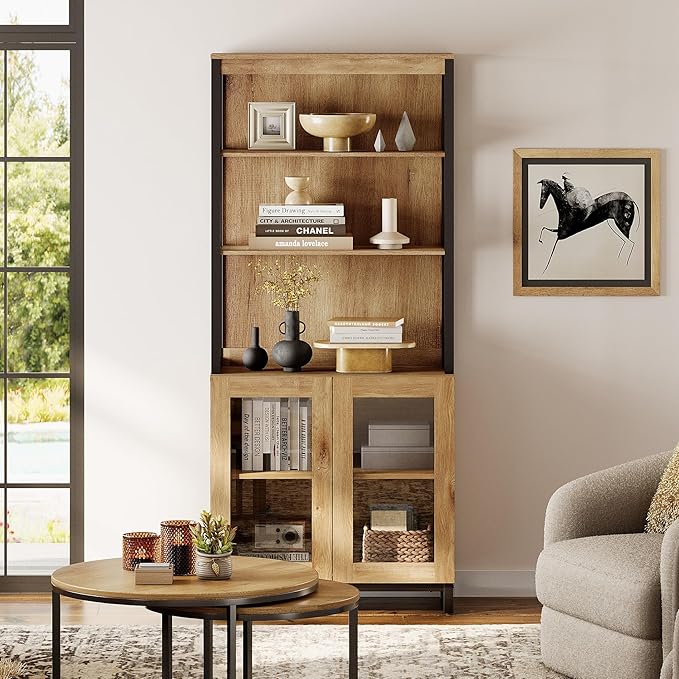 WAMPAT Modern 72" Tall Bookcase with Glass Doors and Adjustable Shelves, Library Book Shelf with Storage Cabinet and Open Book Shelfs, Wood Bookshelf for Home Office, Living Room, Oak
