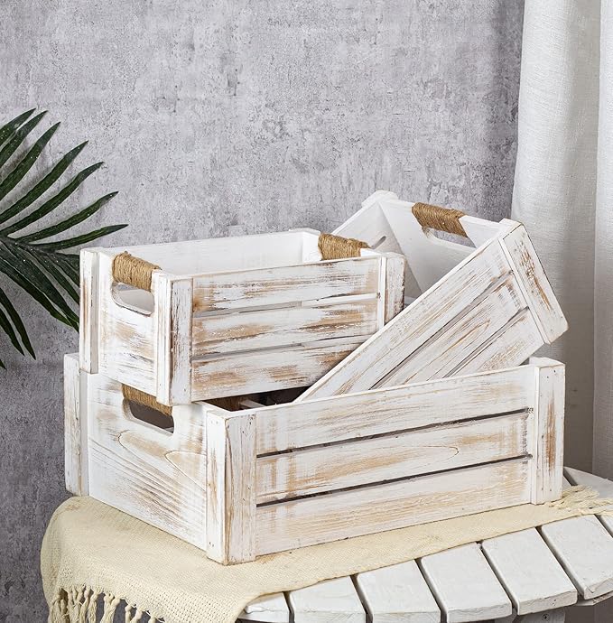 TIMRIS Set of 3 Rustic Wood Nesting Crates, Farmhouse Wooden Storage Container Boxes with Cutout Handles, Decorative Wooden Baskets for Display (Whitewash)
