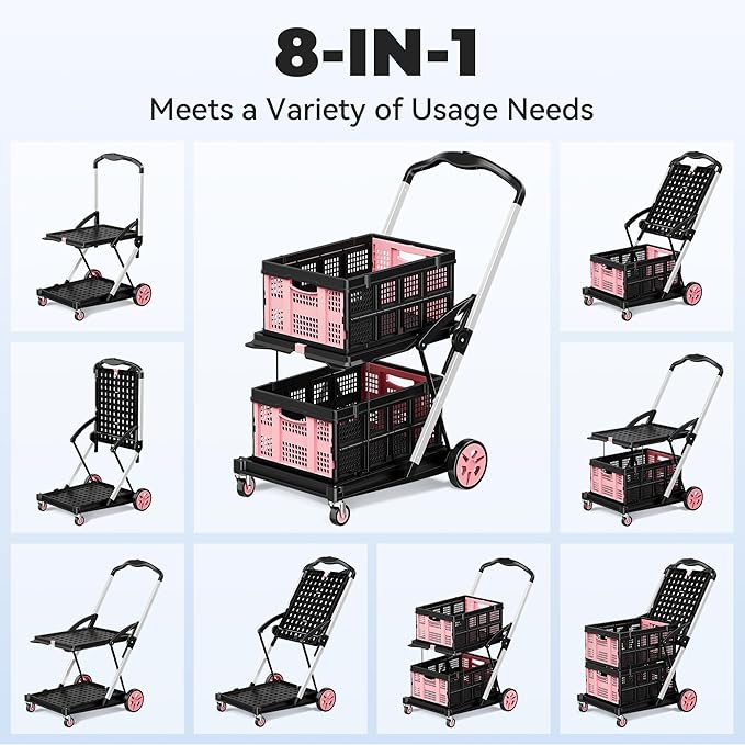 Collapsible Shopping Cart with Wheels, 8-in-1 200LBS Capacity Grocery Cart on Wheels with 2 Storage Crate, Folding Utility Cart for Shopping, Travel, Supermarket, Office, Pink