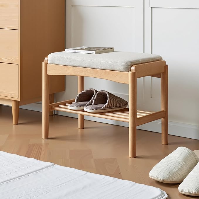 Solid Wood Shoe Bench Assembled, Shoe Rack Bench with Cushion for Entryway, Living Room, Bedroom, Hallway, 11.8" x 17.7" x 16.5", Natural