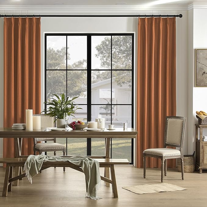 DUALIFE Pinch Pleatd Blackout Curtains 105 Inches Long, Boho Linen Rustic Copper Color Retro Room Darkening Privacy Curtains Drapes with Hooks for Living Room Bedroom 2 Panels Terra Cotta Rust 50x105