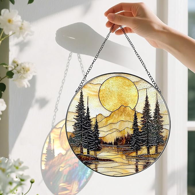 8-Inch Stained Glass Ornament, Stained Glass Window Hanging, Window Hanging Decor Suncatcher, Mountain Sunset Ornament | Holiday, Mother’s Day, Housewarming | Gifts for Nature Lovers, Friend & Family