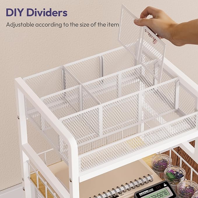 SWTYMIKI Rolling Cart with Drawers - Metal Utility Cart with Wood Shelf, DIY Divider and Locking Wheels, Craft & Art Cart Organizer for Under Desk Storage for Home Office Studio, White