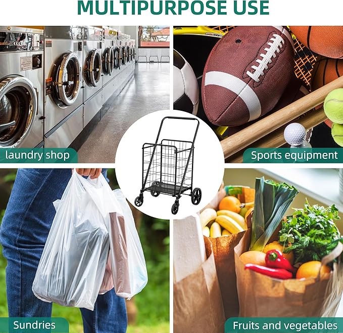 YITAHOME Utility Foldable Shopping Cart with Wheels, Large Reinforced Mesh Bottom, Portable Collapsible Rolling Cart for Laundry, Grocery, Luggage, Storage and Seniors, 220 lbs Capacity, Black