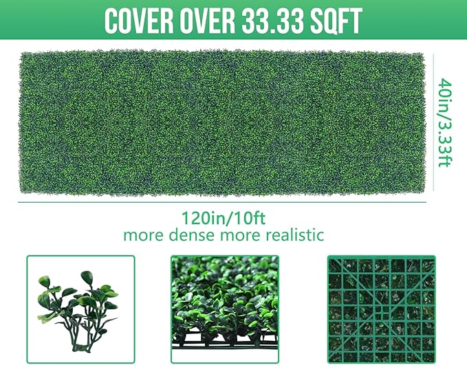 Artificial Boxwood Roll Panels,40"x 120"(33.33 sq.ft) UV-Anti Faux Ivy Leaves Privacy Fence Screen Grass Wall Roll Panels for Indoor Home Decor and Outdoor Garden Backyard