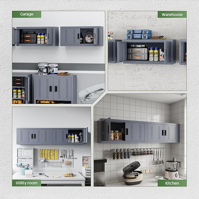 Small Wall Cabinet, Metal Garage Wall Mounted Storage Cabinets, Floating Garage Tool Cabinet with 2 Doors, Heavy-Duty Tool Organizer, Utility Wall Cabinet for Warehouse, Basement, Kitchen