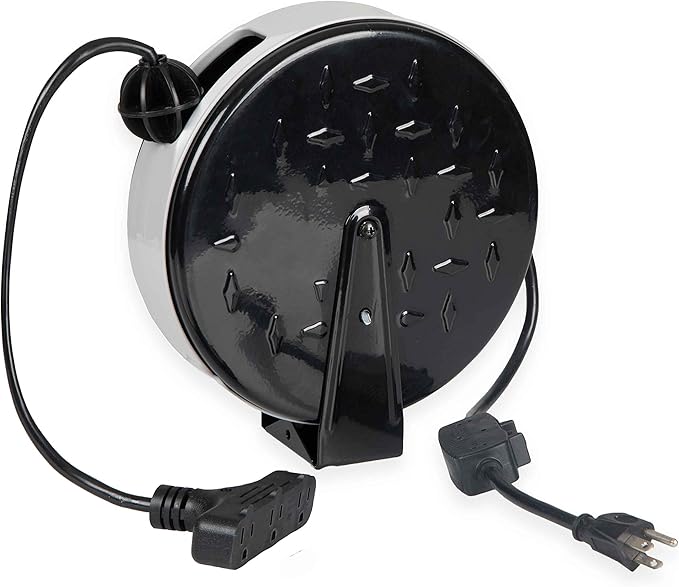 Iron Forge Cable 30 Ft Retractable Extension Cord Reel with Breaker Switch & 3 Outlets Pigtail, Metal Plate Ceiling/Wall Mount Hanging Extension Cord Reel 16/3 SJTW Retractable Cable for Garage & Shop