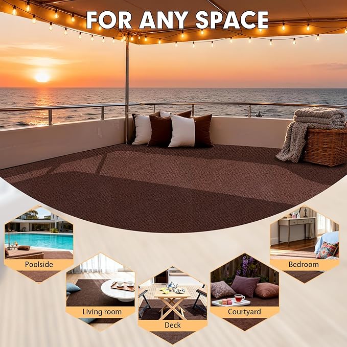 Marine 6 FT x 18 FT Brown Indoor/Outdoor Rug 0.2" Thick - Boat Carpet with Water-Proof TPE Backing, Non-Slide for Home, Patio, Porch, Deck