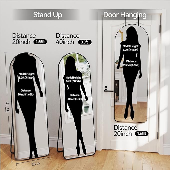 57x20 Door Hanging Full Length Mirror, Floor (Height 5.7ft just Body in1.3ft) Wall Mounted Metal Frame Arch Dressing Mirrors for Bedroom Bathroom Living Room 57 inch Black