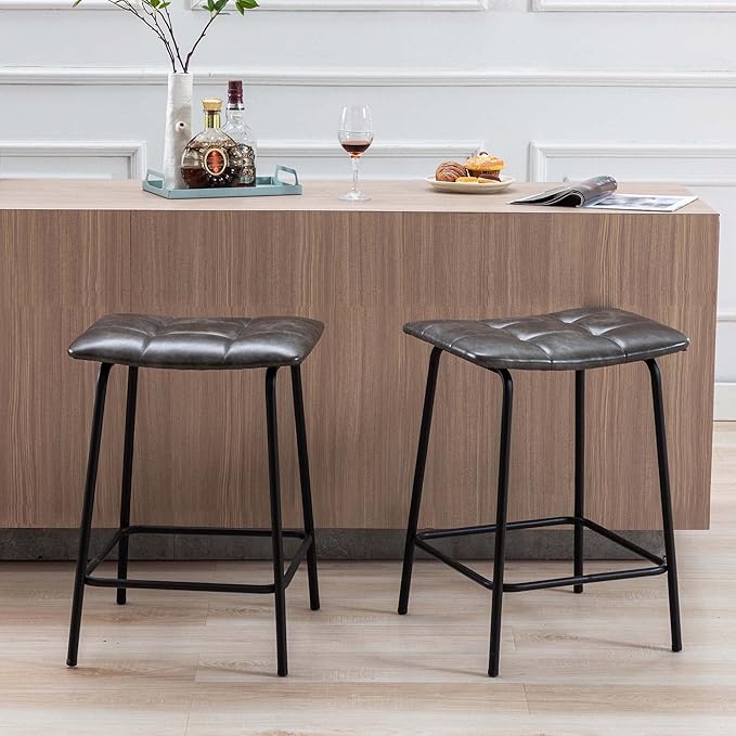 DUHOME 24” Square Tufted Counter Bar Stools Set of 2, Breathable Faux Leather Upholstered Barstool with Footrest, Backless Stool for Kitchen Counter Island Bar, Grey