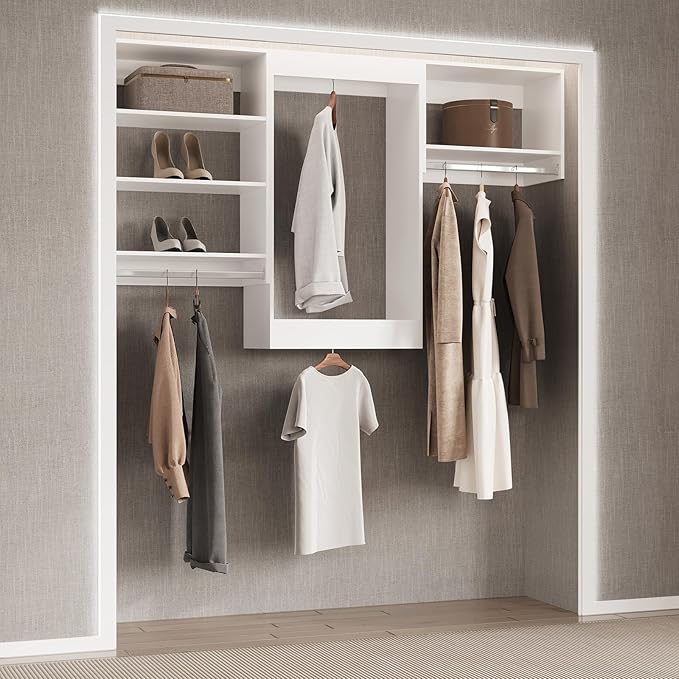 Medium Double Hanging Closet Unit, Modular Closet System, Wood Closet System Organizer with Storage for Walk In Closets, Clothing Rack Closet for Hanging Clothes, Bedroom, White, 19.5"W