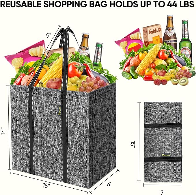BALEINE 4 PK Grocery Bags Reusable Shopping Bags with Reinforced Bottom, Heavy Duty Foldable Tote Bags (Grey)