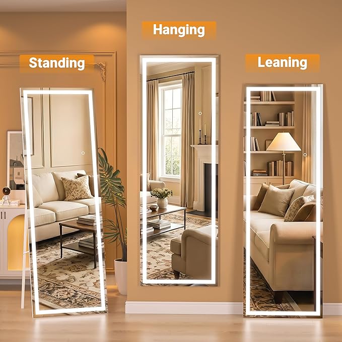 Full Length Mirror with Lights, 67" x 24" LED Lighted Floor Standing Body Mirror, Dimmable & 3 Color Lighting for Bedroom, Cloakroom, Dressing Room, Tempered Glass, Square Black