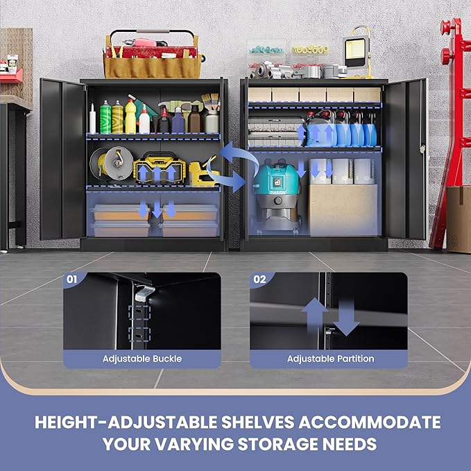 Metal Storage Cabinet, Wide & Deep Storage Cabinet with 2 Doors and Adjustable Shelves, Lockable Tool Cabinet for Garage,Home Office and School (Black)